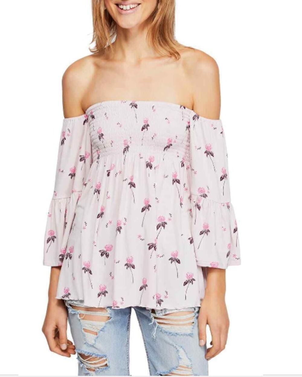 FREE PEOPLE Lana Pale Pink Blush Off the Shoulder Floral Print Tunic // S